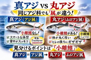 サビキ釣り入門。真アジ（アジ属）と丸アジ（ムロアジ属）は、見た目が似ていても完全に別物。釣太郎
