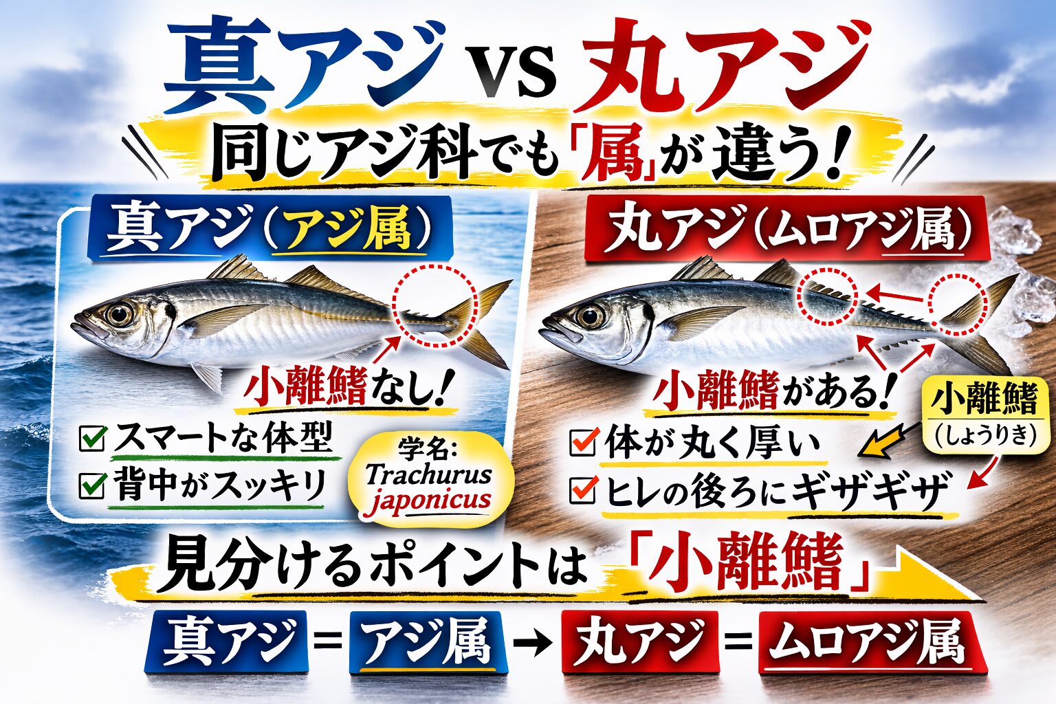 サビキ釣り入門。真アジ（アジ属）と丸アジ（ムロアジ属）は、見た目が似ていても完全に別物。釣太郎