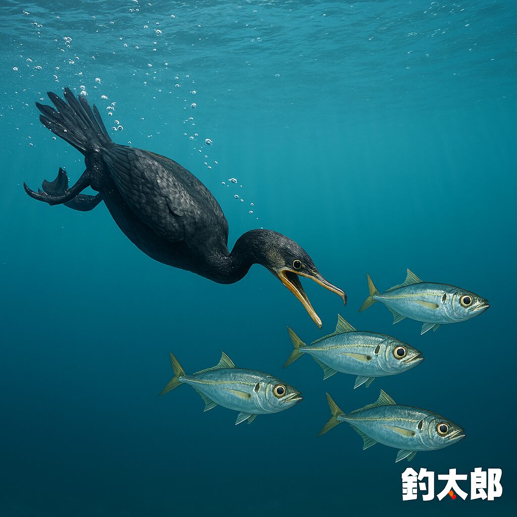 空を飛ぶ機動力を維持したまま、羽毛の撥水性を捨てるという逆転の発想で、水中でも魚を凌駕するスピードを手に入れた鵜。釣太郎