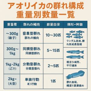 アオリイカは新子時は群れで、大きくなるにつれこれが小さくなる。重量別で数量を一覧表にして解説。釣太郎