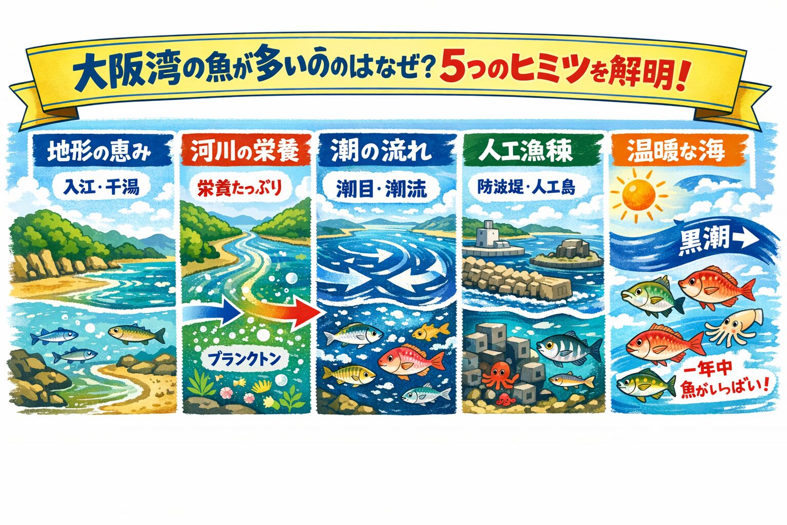 大阪湾、湾奥はチヌ・ハネ・アジの好ポイント。 潮目や河口周辺はベイトが集まりやすい。人工島周辺は根魚や青物の回遊も期待大！釣太郎