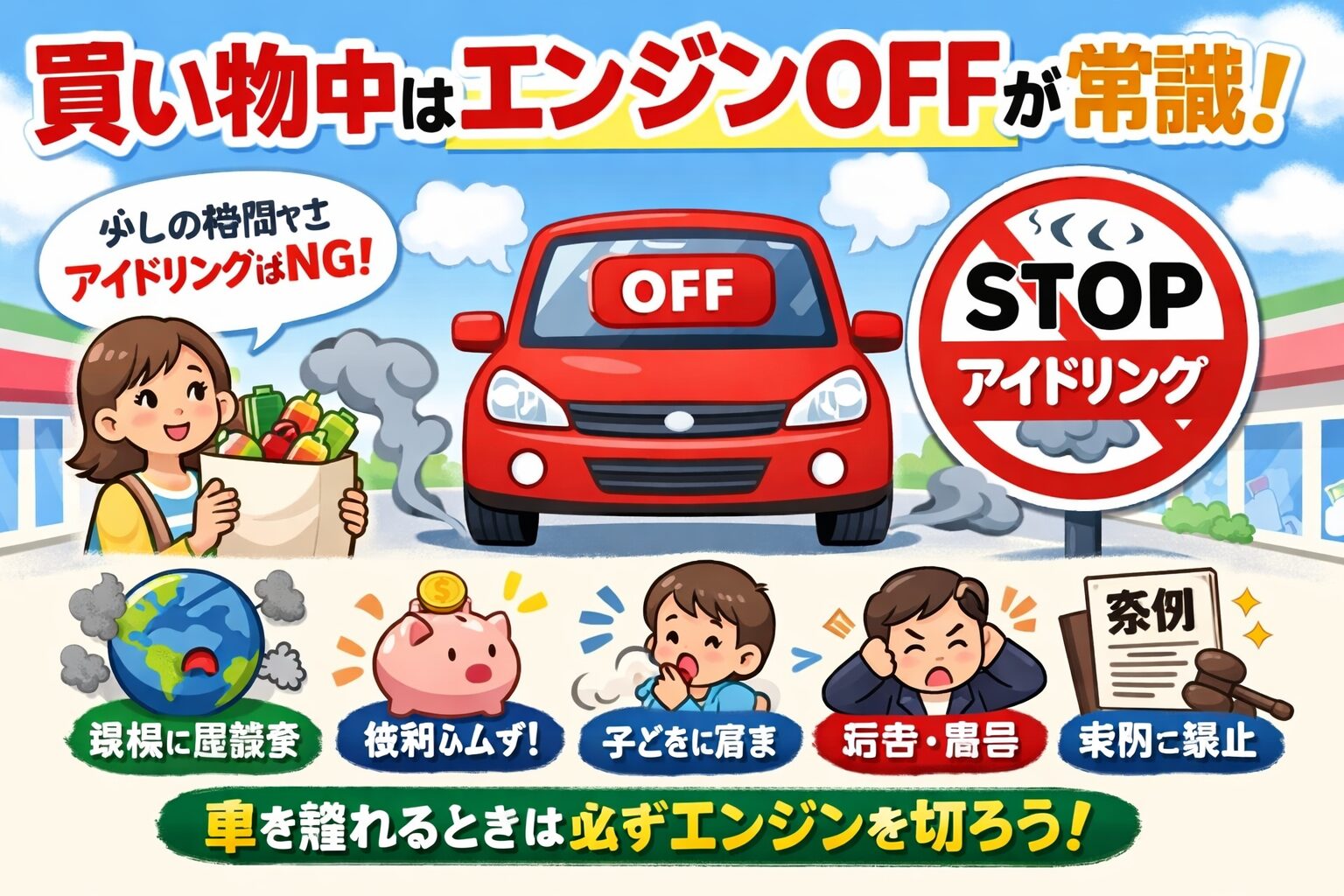 1日5分のアイドリングストップで年間約1,900円の節約になる（環境省）釣太郎