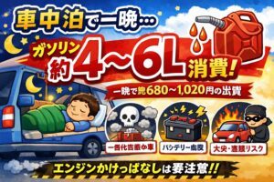 車中泊で一晩アイドリングすると 約4〜6L のガソリンを消費。季節・車種によっては 8L以上 になることも。釣太郎