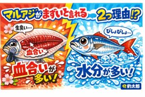マルアジは“まずい魚”ではない。血合いと水分が多い＝刺身では不利。 加熱調理ではむしろ優秀な身質。旬の時期には脂が乗り、旨味も濃厚。釣太郎