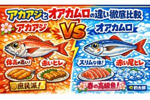 アカアジは加熱向きの庶民魚。オアカムロは春限定の高級赤ムロ。見分け方は「体型」「胸ビレの長さ」「エラブタの形状」釣太郎