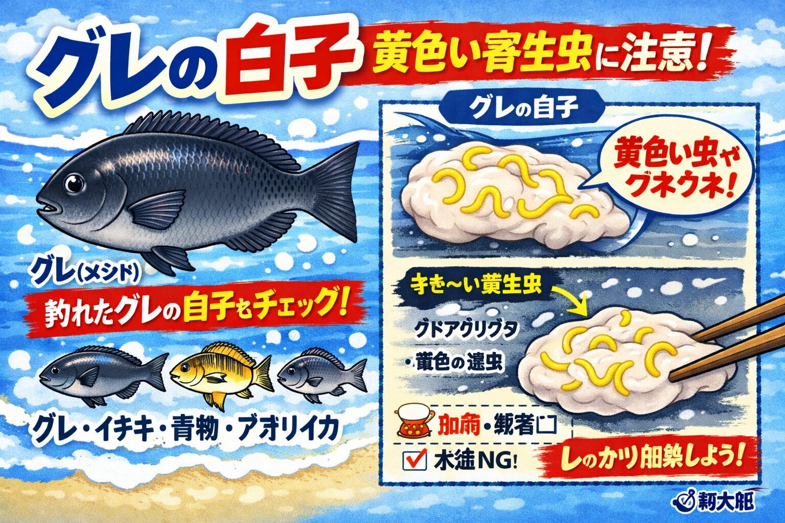 寒グレの白子にいる黄色いものは、フィロメトラ属などの線虫がほとんど。人体に害は少なく、加熱すれば安全に食べられます。釣太郎