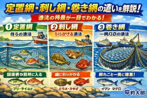 定置網は魚が自然に入るのを待つ。ブリ・タイ・イサキなど大型魚。刺し網は 網に引っかけて獲る。ヒラメ・カレイ・根魚。巻き網は群れを囲んで一気に獲る。イワシ・サバ・アジ・マグロ。釣太郎