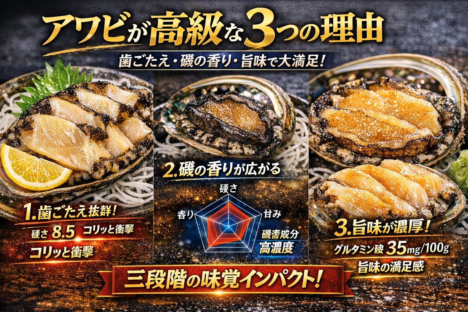 アワビは 歯ごたえ × 香り × 旨味 という三要素が、順番に印象・高級感・満足感を与える構造になっています。釣太郎