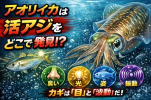 アオリイカは五感のうち、特に視覚（目）と側線のような感覚器官（振動感知）が非常に発達しています。釣太郎