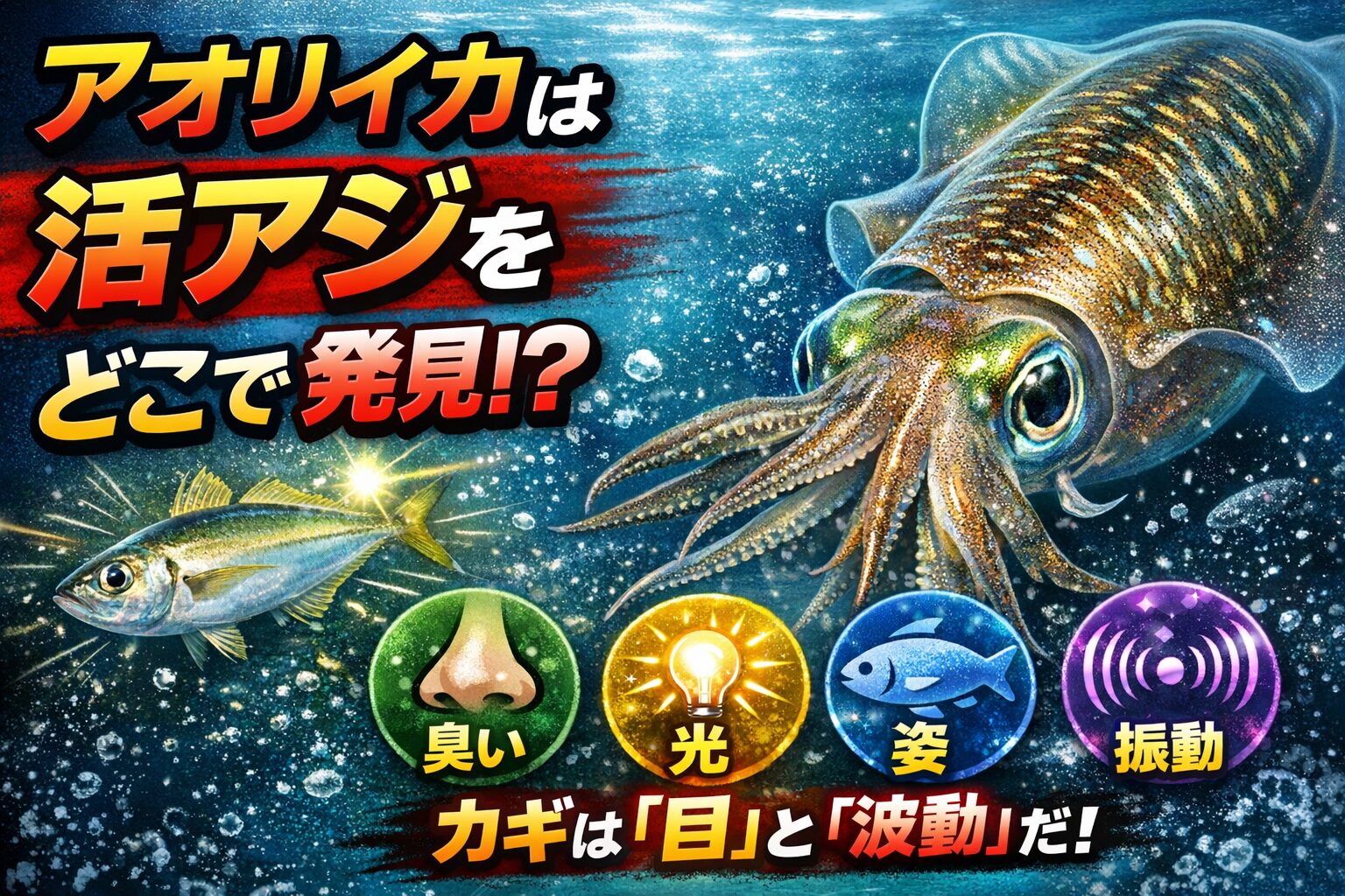 アオリイカは五感のうち、特に視覚（目）と側線のような感覚器官（振動感知）が非常に発達しています。釣太郎