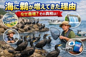 海に鵜が増えてきた理由、✔ カワウの全国的な個体数増加✔ 餌資源の変化✔ 河川環境の変化✔ 人工構造物の増加✔ 観察機会の増加。釣太郎