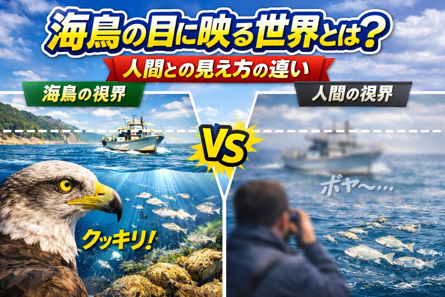 海鳥の視覚は、紫外線 × 広視野 × 高動体視力 × 高解像度 という、人間にはない能力の集合体です。その結果、海鳥の目に映る世界は、人間とはまったく違う“情報の海” となっています。釣太郎