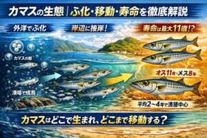 カマスは完全な定住型ではなく、半居着き・半回遊型 → 水温・潮流・ベイトの変化に応じて沿岸を移動する。釣太郎
