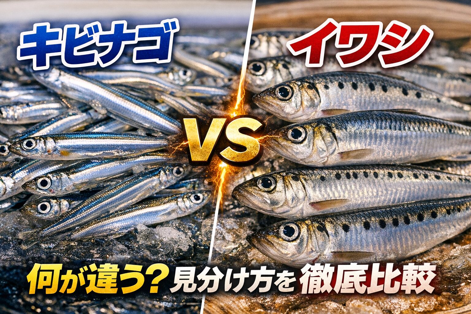 キビナゴ＝細身で生食向き／イワシ＝丸みがあり加熱向き。キビナゴ：銀色の細身＋青い縦線。刺身・天ぷらに最適。イワシ：丸み＋黒点。煮付け・干物・オイル加工に最適。釣太郎