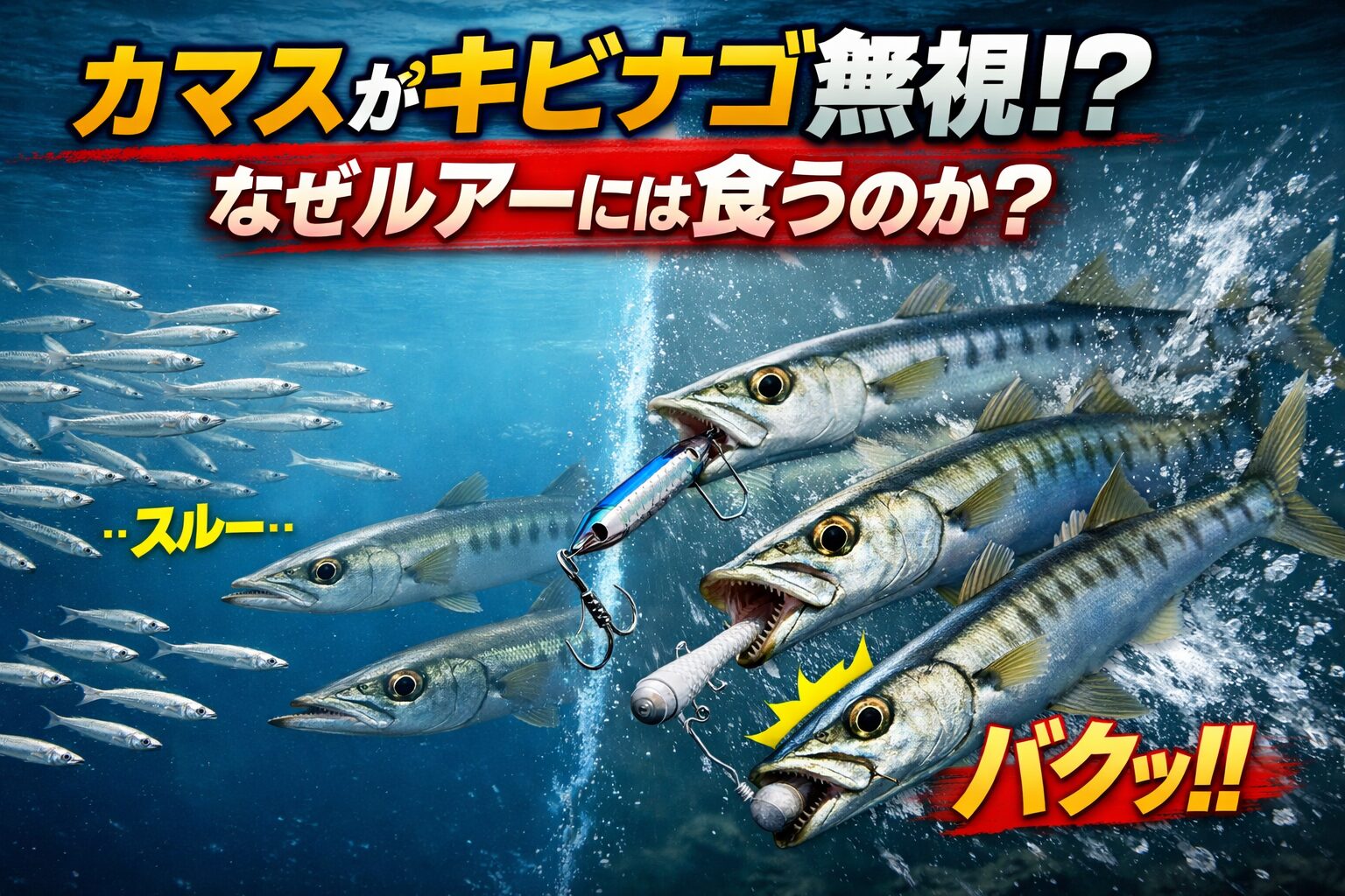 カマス群れ、キビナゴには反応しないのに、なぜルアー（ジグ・ワーム）で釣れる理由は、本能を刺激し、反射的に噛ませるため。釣太郎