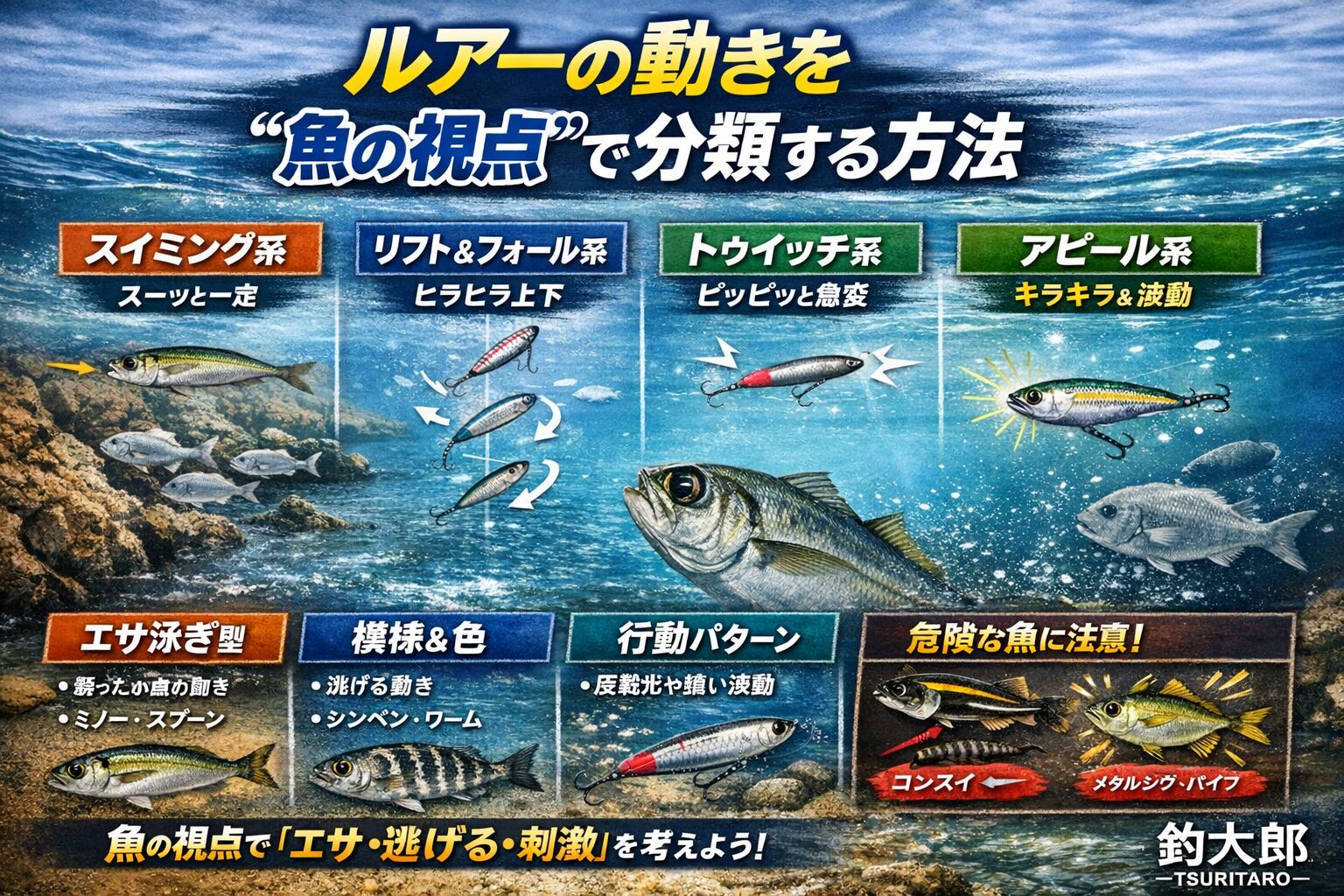 魚の感覚器官が捉えるルアーの“情報”視覚：形・色・動き・反射光（特にクリアウォーターで有効）側線：水流・振動・波動（濁りや夜間に強い）聴覚（低周波）：ラトル音・水中振動（根魚や青物に有効）釣太郎