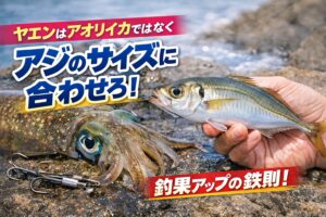 ヤエンのサイズはアオリイカの大きさではなく、アジのサイズに合わせる方が成功確率は圧倒的に高い.釣太郎
