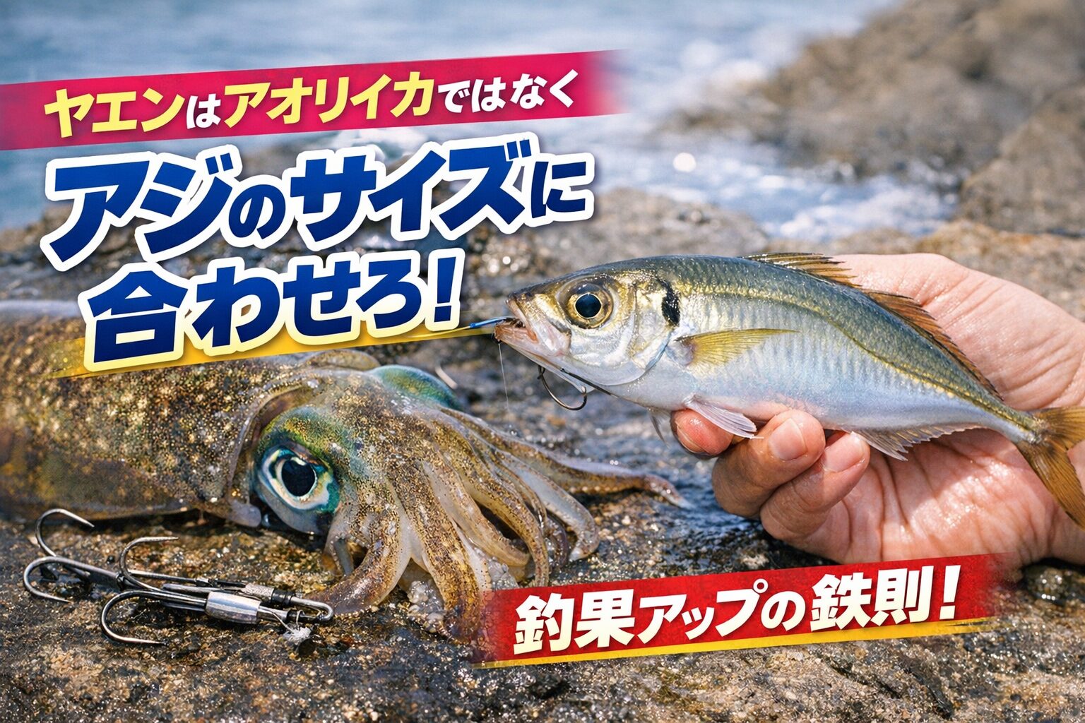 ヤエンのサイズはアオリイカの大きさではなく、アジのサイズに合わせる方が成功確率は圧倒的に高い.釣太郎