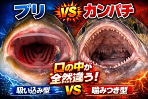 同じ青物回遊魚で、フィッシュイーター（肉食魚）でもブリは“吸い込み型”、カンパチは“噛みつき型”釣太郎
