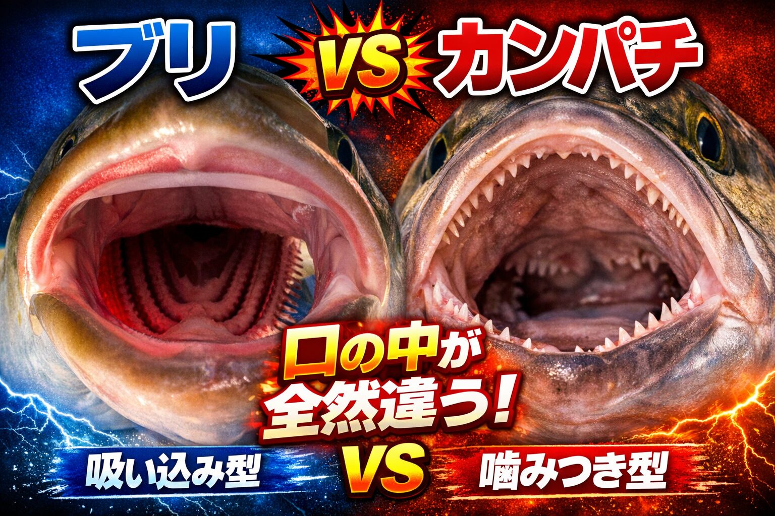 同じ青物回遊魚で、フィッシュイーター（肉食魚）でもブリは“吸い込み型”、カンパチは“噛みつき型”釣太郎