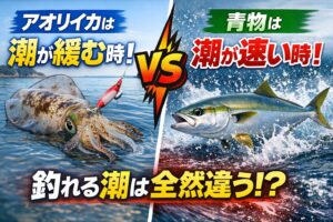 アオリイカと青物では、釣れる潮は違う？ アオリイカと青物は“同じ海”にいても、釣れる潮はまったく別物。アオリイカは“潮が緩む瞬間”、青物は“潮が走る時間帯”が圧倒的に強い。釣太郎