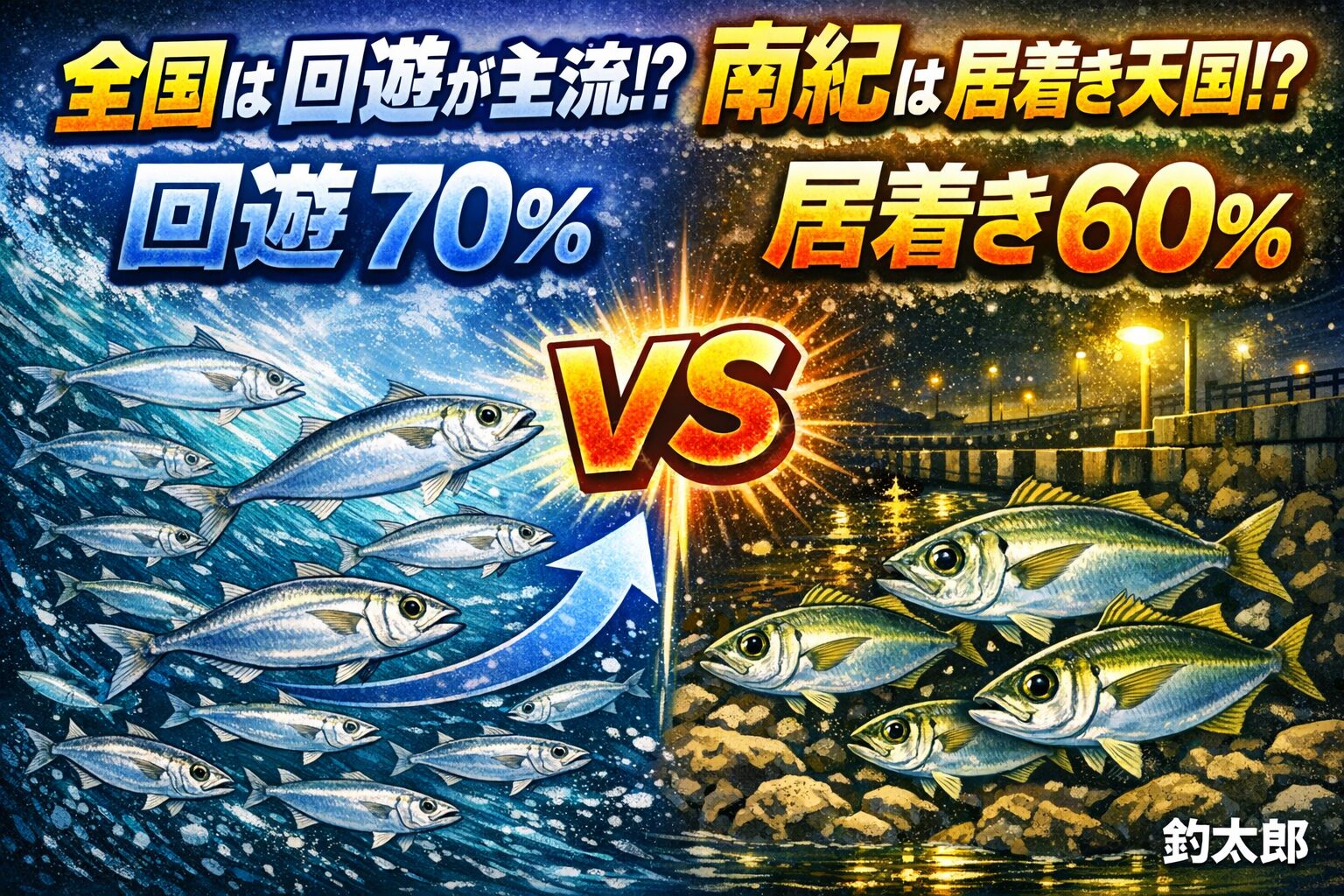 アジ、全国では 回遊型70％・居着き30％ が基本。南紀は 回遊40％・居着き60％ と逆転。黒潮・港構造・水温の安定が“居着き天国”を作る。釣太郎