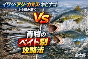 青物はベイトの種類によって反応が変わる。イワシ＝早巻き、アジ＝スロー、カマス＝ダート、キビナゴ＝表層ドリフト。 視覚と側線の両方を刺激するルアーが効果的。釣太郎