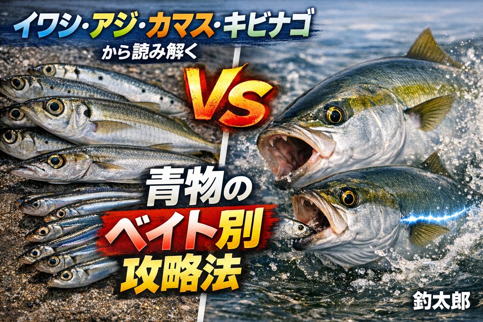 青物はベイトの種類によって反応が変わる。イワシ＝早巻き、アジ＝スロー、カマス＝ダート、キビナゴ＝表層ドリフト。 視覚と側線の両方を刺激するルアーが効果的。釣太郎