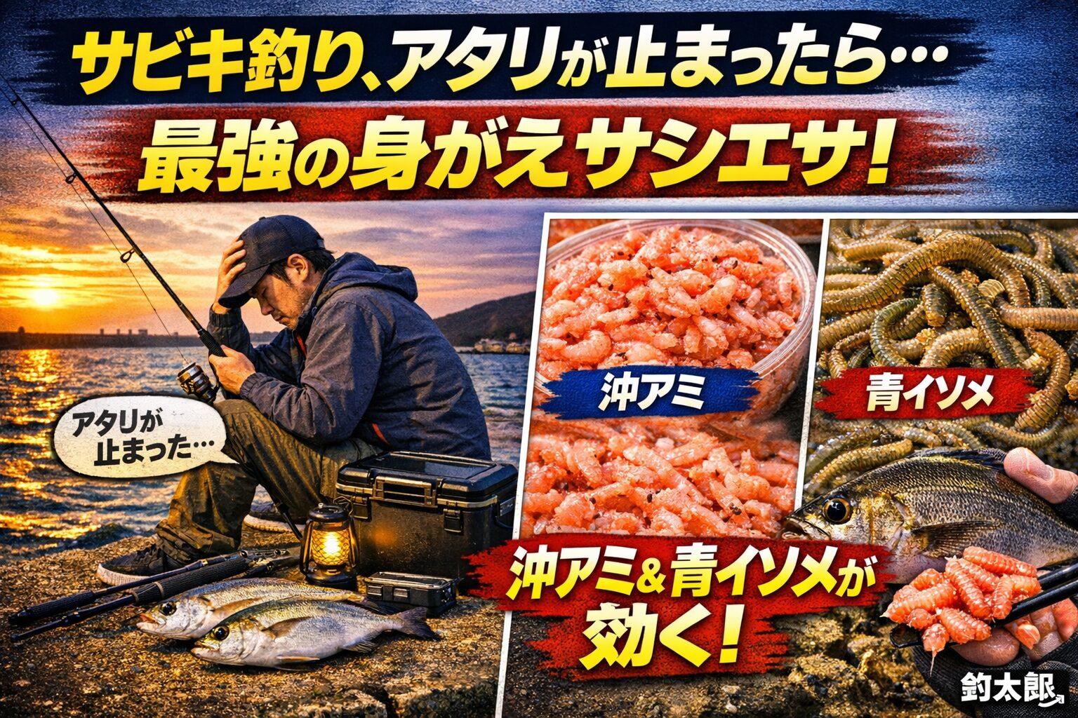 サビキ釣りの“沈黙”を打破する一手。サビキ釣りは“疑似餌＋撒き餌”が基本。アタリが止まったら“本物のエサ”で誘う。沖アミは万能型、青イソメは底狙いに最強。釣太郎
