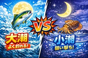 大潮は回遊魚が動く爆釣チャンス。小潮はアオリイカ・チヌが安定して釣れる。潮回りより“潮が動く瞬間”を狙うのが最重要。釣太郎