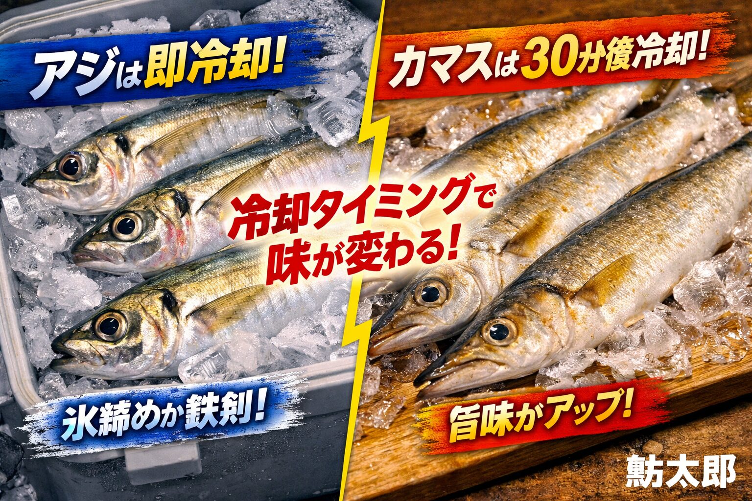 カマスは“締めてから少し置く”のがベスト。死後硬直が遅く、酵素分解が旨味を生む。筋肉がしっかりしており、 死後硬直までに時間がかかる。釣太郎