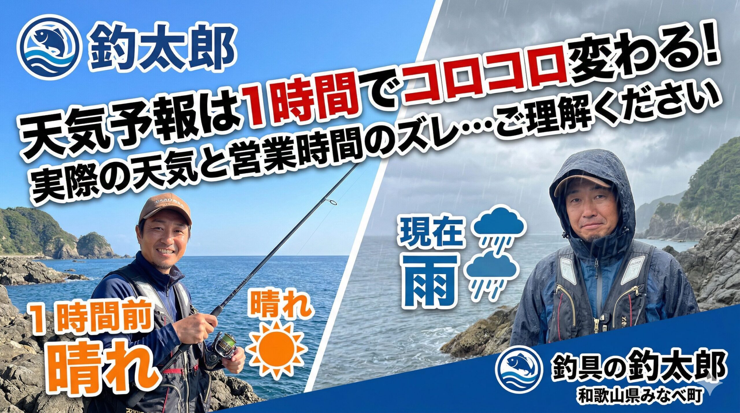 天気予報は1時間単位でコロコロ変わります。実際の天気と営業時間のずれが生じますが、ご理解ください。釣太郎