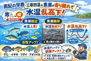 南紀の早春は、 三寒四温による寒暖差 × 黒潮の寄り離れ という、全国でも珍しい“二重の水温変動”が起こる地域です。釣太郎