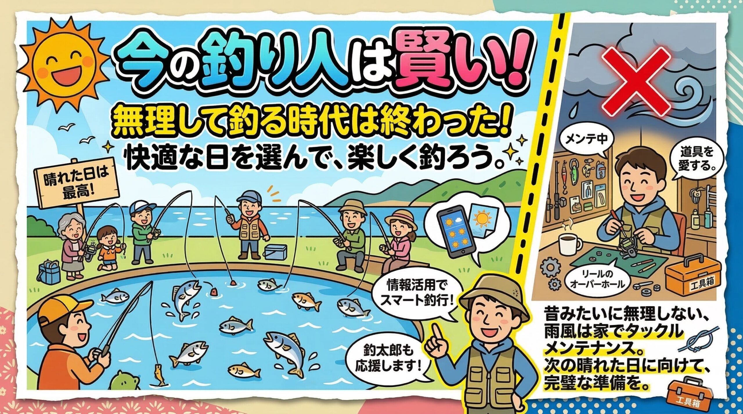 昔とは違い、ちょっと雨が降る、風が強い、寒くなる（暑くなる）で釣り人はぱったり姿を消すようになった。釣太郎