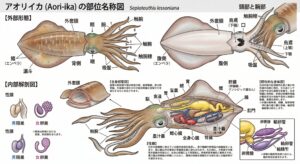 アオリイカ全部位のご紹介イラスト。釣太郎