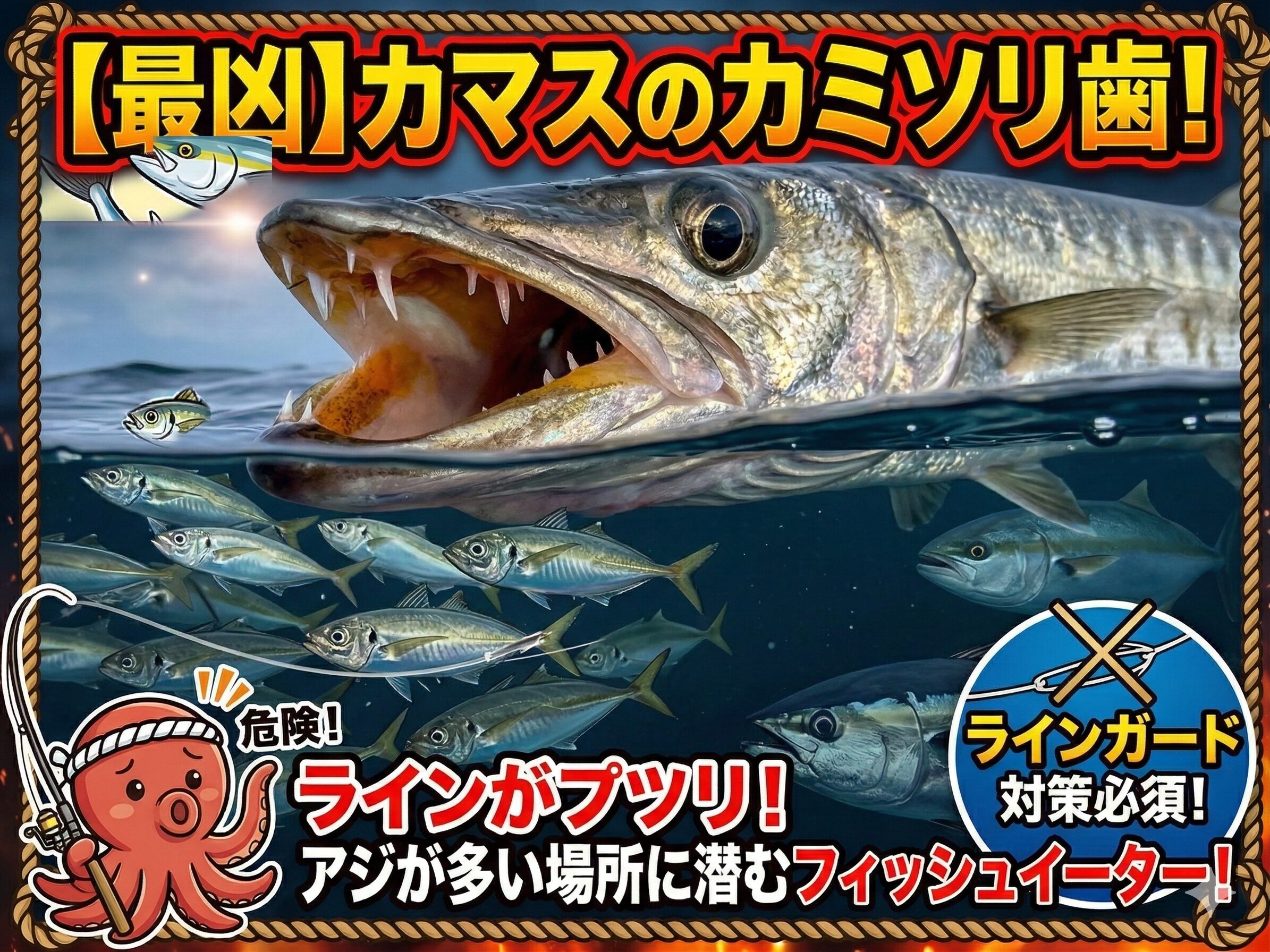 カマスの鋭利な歯こそが、釣り人がせっかく掛けた獲物や大切なルアーを一瞬で奪い去る正体です。釣太郎