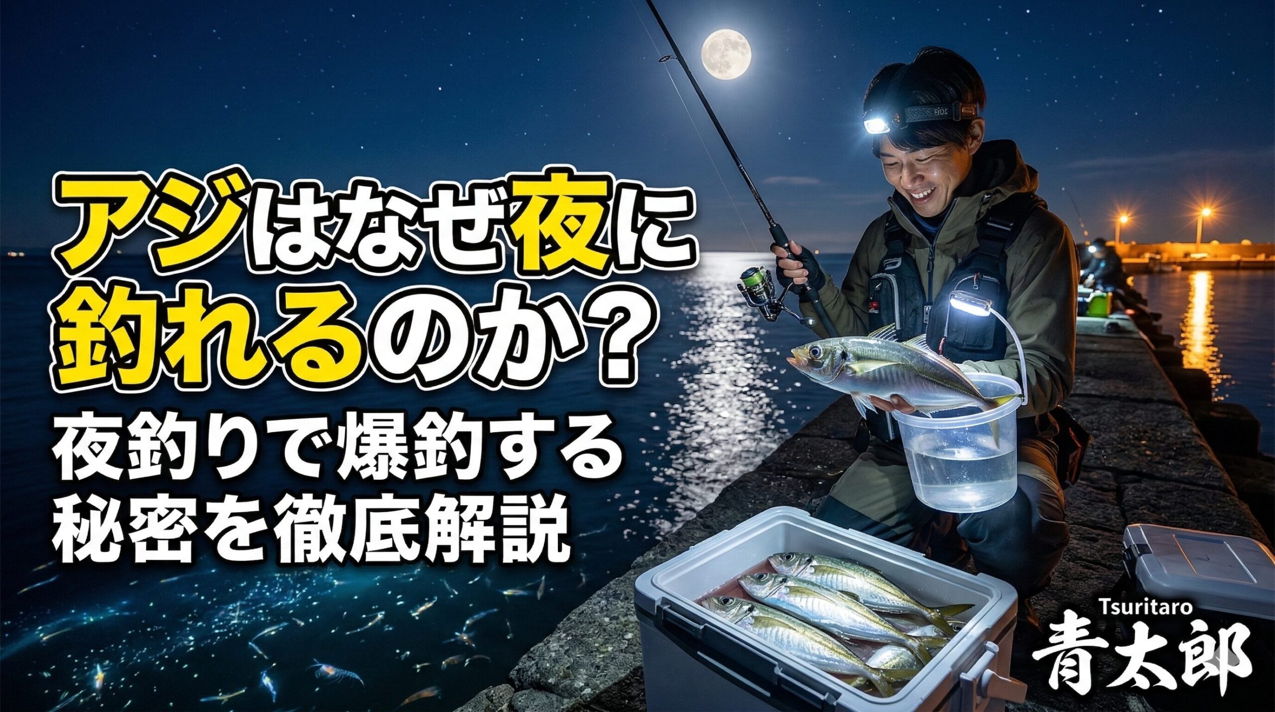 アジが夜間に釣れるのは、日中は太陽の強い光を避けて海の深場に潜っているプランクトンですが、暗くなると一斉に表層へと浮上するため。釣太郎
