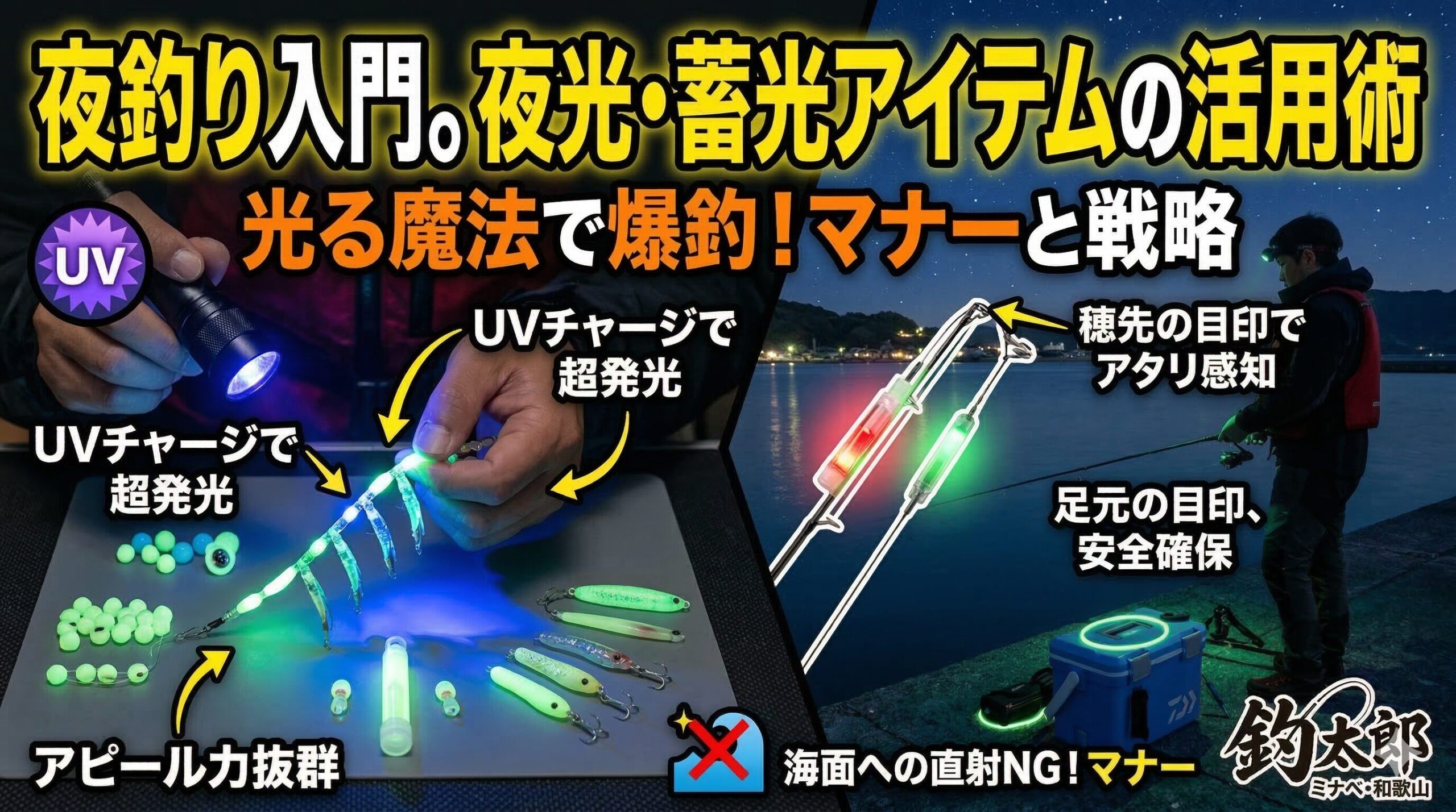 光を制する者は、夜の海を制します。最新の夜光・蓄光グッズを駆使して、暗闇の中に潜むターゲットを戦略的に追い詰めてみませんか。釣太郎