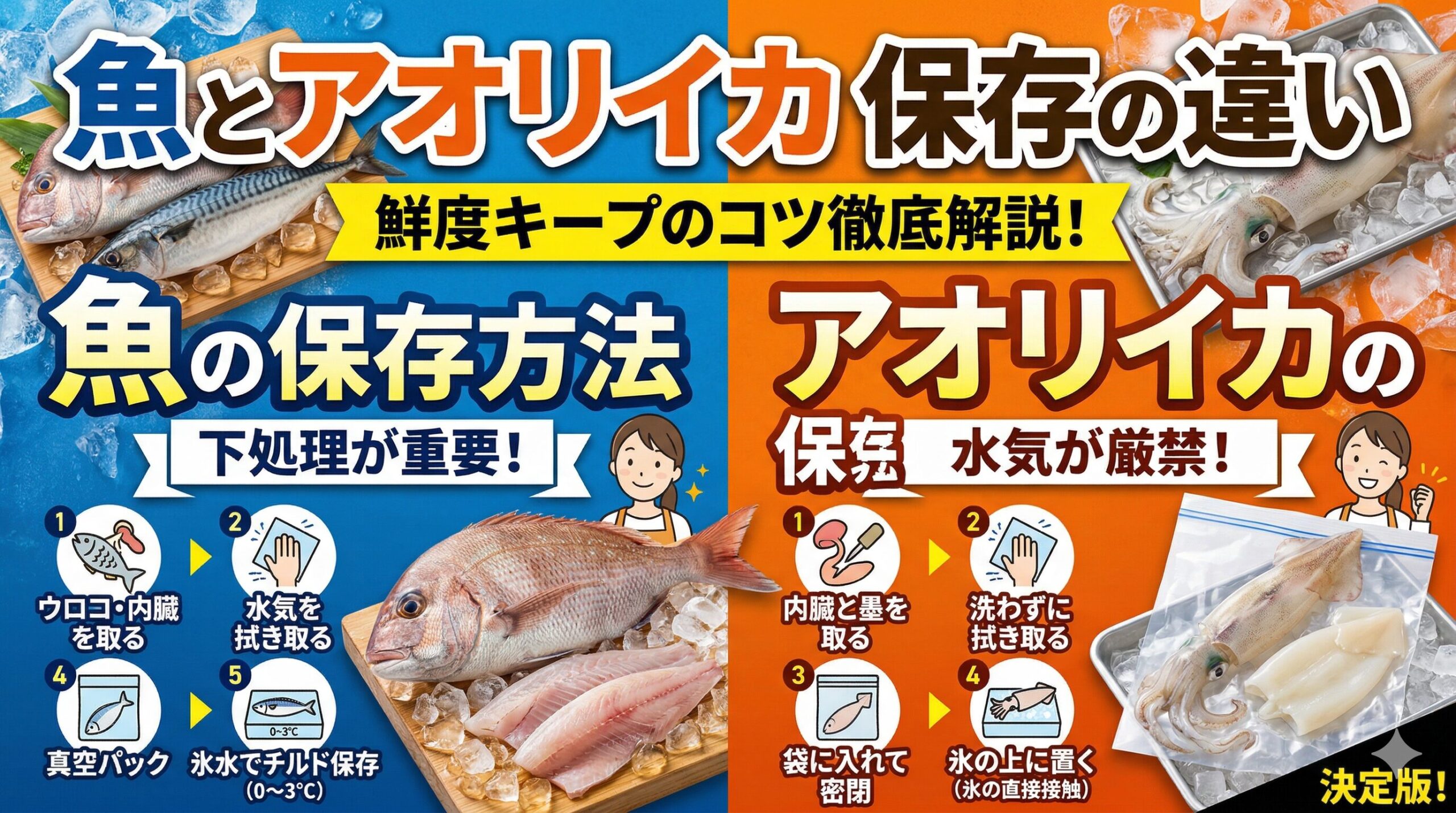 アオリイカは10℃意識で透明刺身を狙い、魚は低温重視で身の締まりを狙う。釣太郎