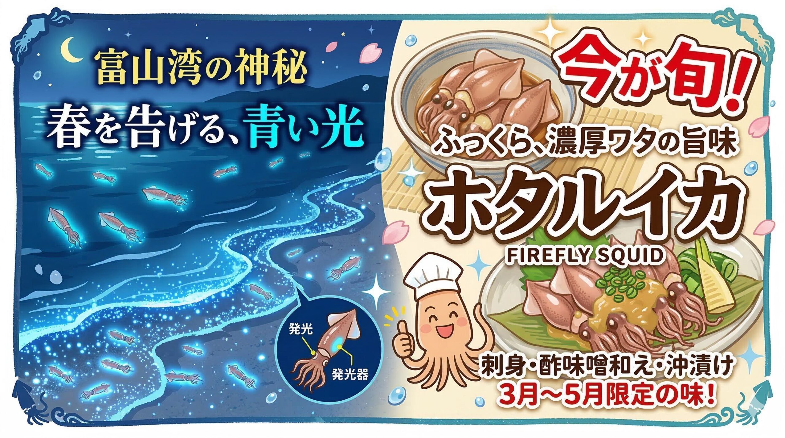 ホタルイカの体には、大小さまざまな「発光器」が約1,000個も備わっています。 光の正体は、ルシフェリンという発光物質と、ルシフェラーゼという酵素による化学反応。釣太郎