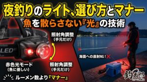 夜釣りのライトは、自分を守るための「命綱」であると同時に、魚との知恵比べの「道具」でもあります。釣太郎