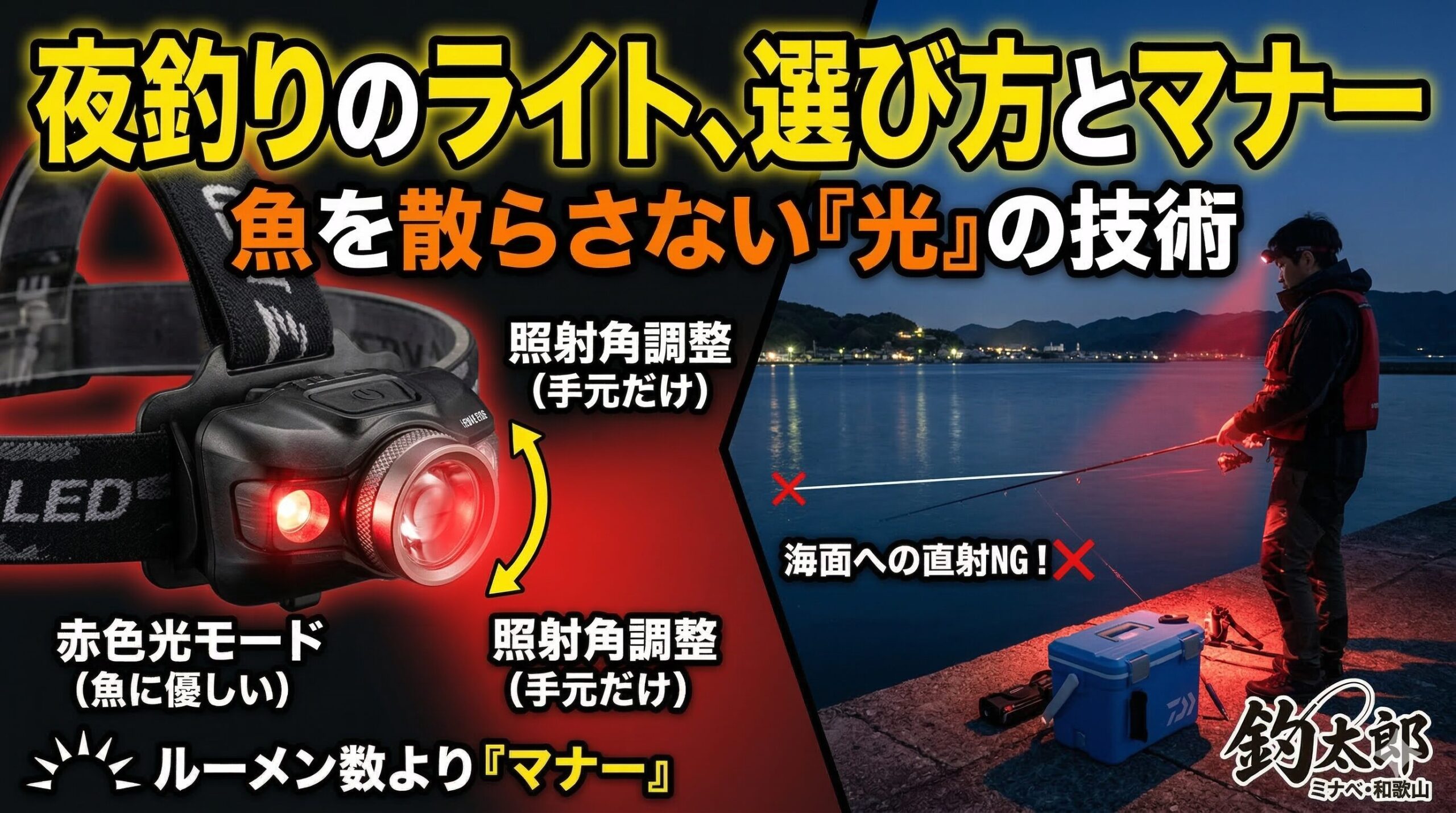 夜釣りのライトは、自分を守るための「命綱」であると同時に、魚との知恵比べの「道具」でもあります。釣太郎