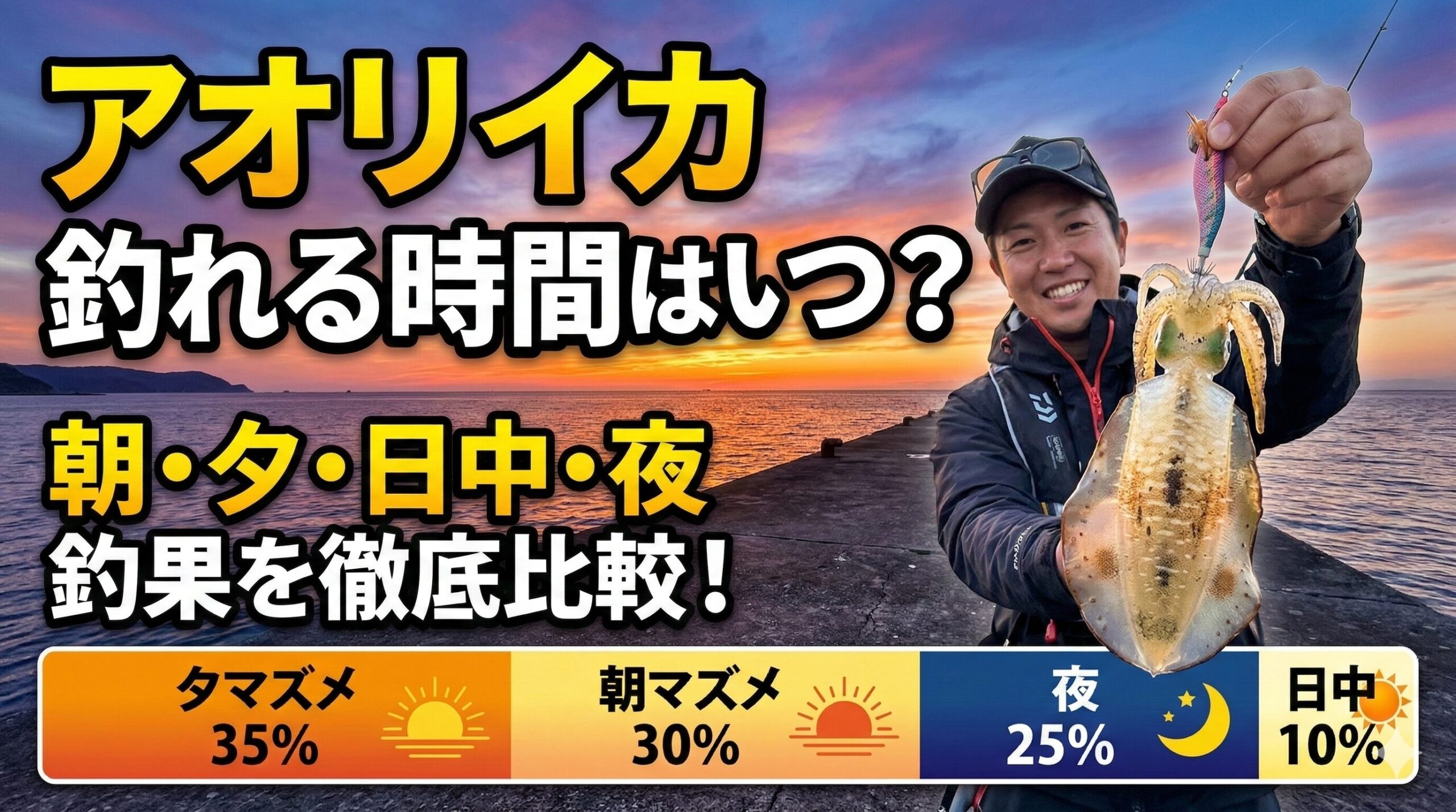 アオリイカが釣れる宇野は、圧倒的に釣れるのは「夕マズメ」と「朝マズメ」釣太郎