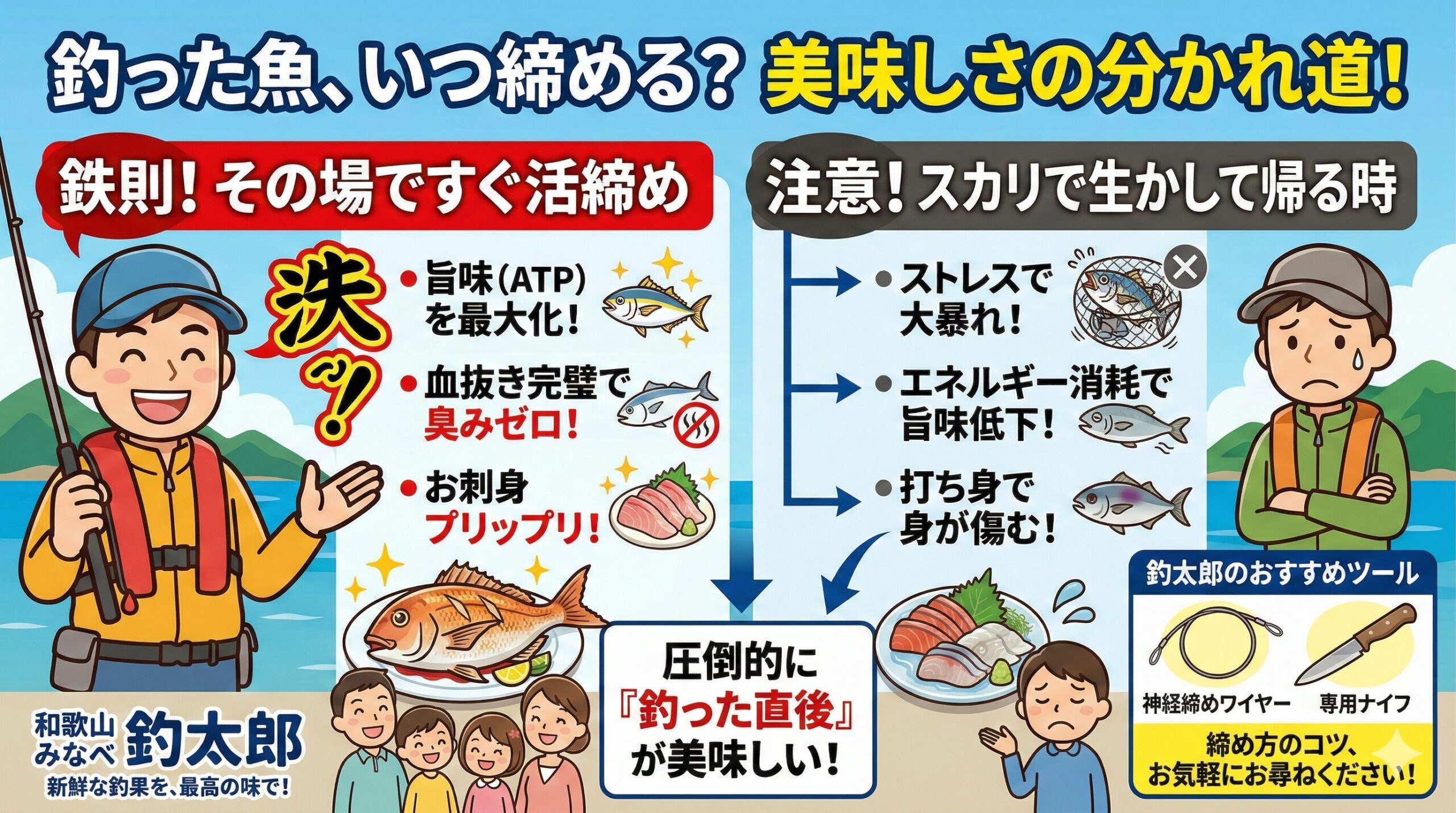 釣れた魚は優しく素早く、その場で締めてたっぷりの氷水で冷やすのが鉄則です。釣太郎