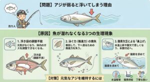 活アジが弱ると浮いてしまうのは、1. 浮き袋の調整ができなくなる、2. 泳ぐ力（推進力）の喪失、3. 酸素欠乏による「鼻上げ」アオリイカヤエン釣り入門。釣太郎