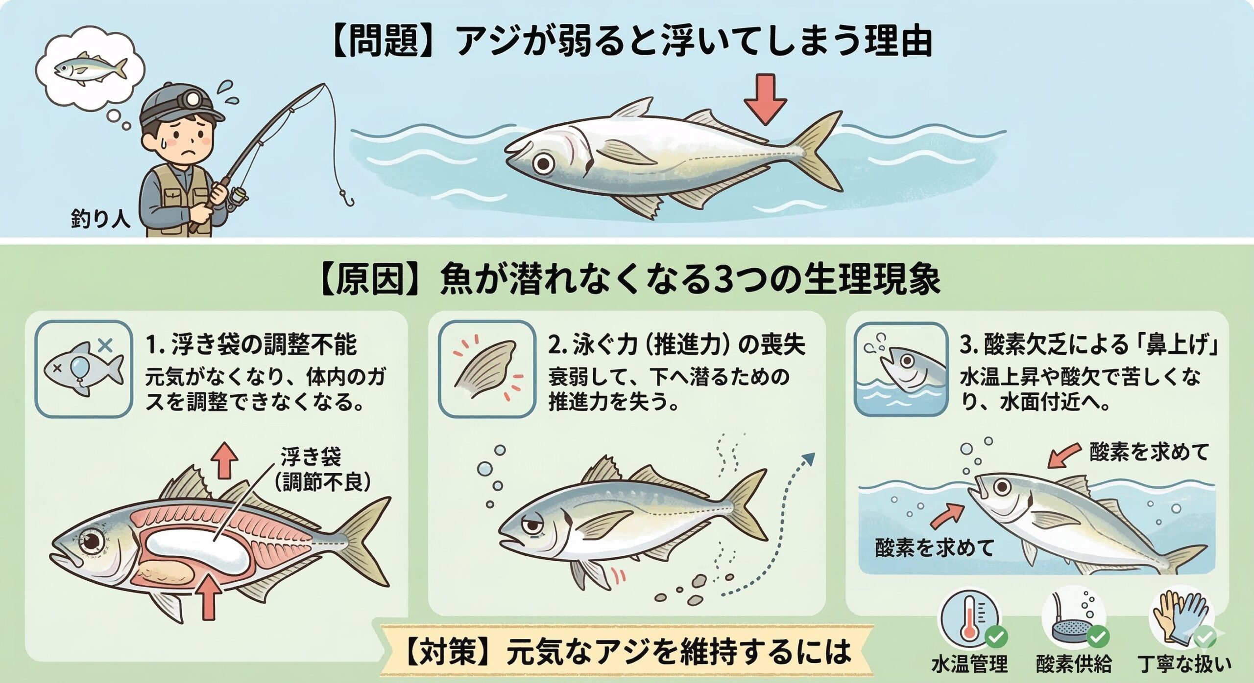 活アジが弱ると浮いてしまうのは、1. 浮き袋の調整ができなくなる、2. 泳ぐ力（推進力）の喪失、3. 酸素欠乏による「鼻上げ」アオリイカヤエン釣り入門。釣太郎
