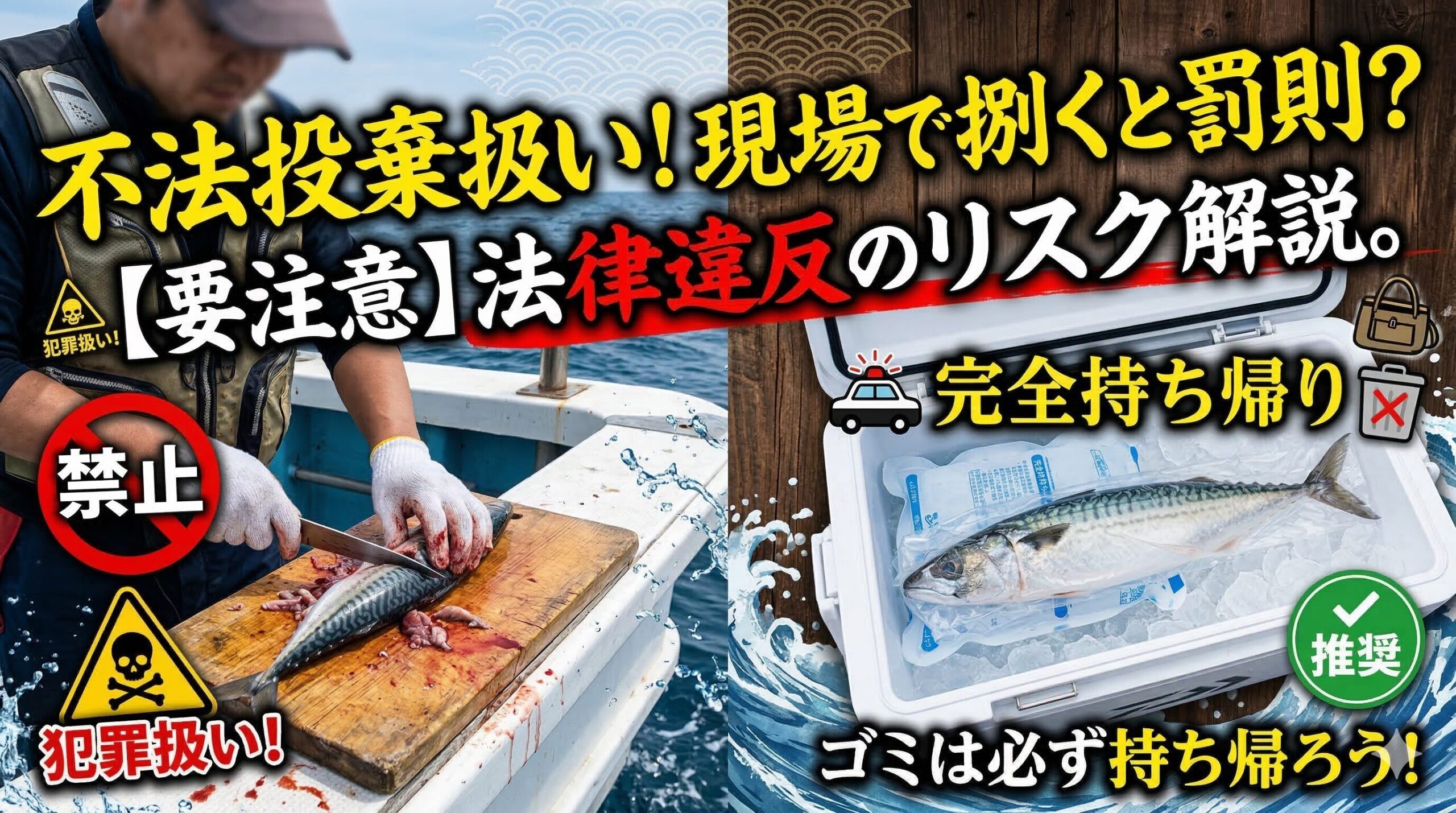 釣り場で魚を捌く行為は、単なるマナーの問題ではなく、地域によっては「不法投棄」という犯罪として厳しく罰せられる対象になります。釣太郎
