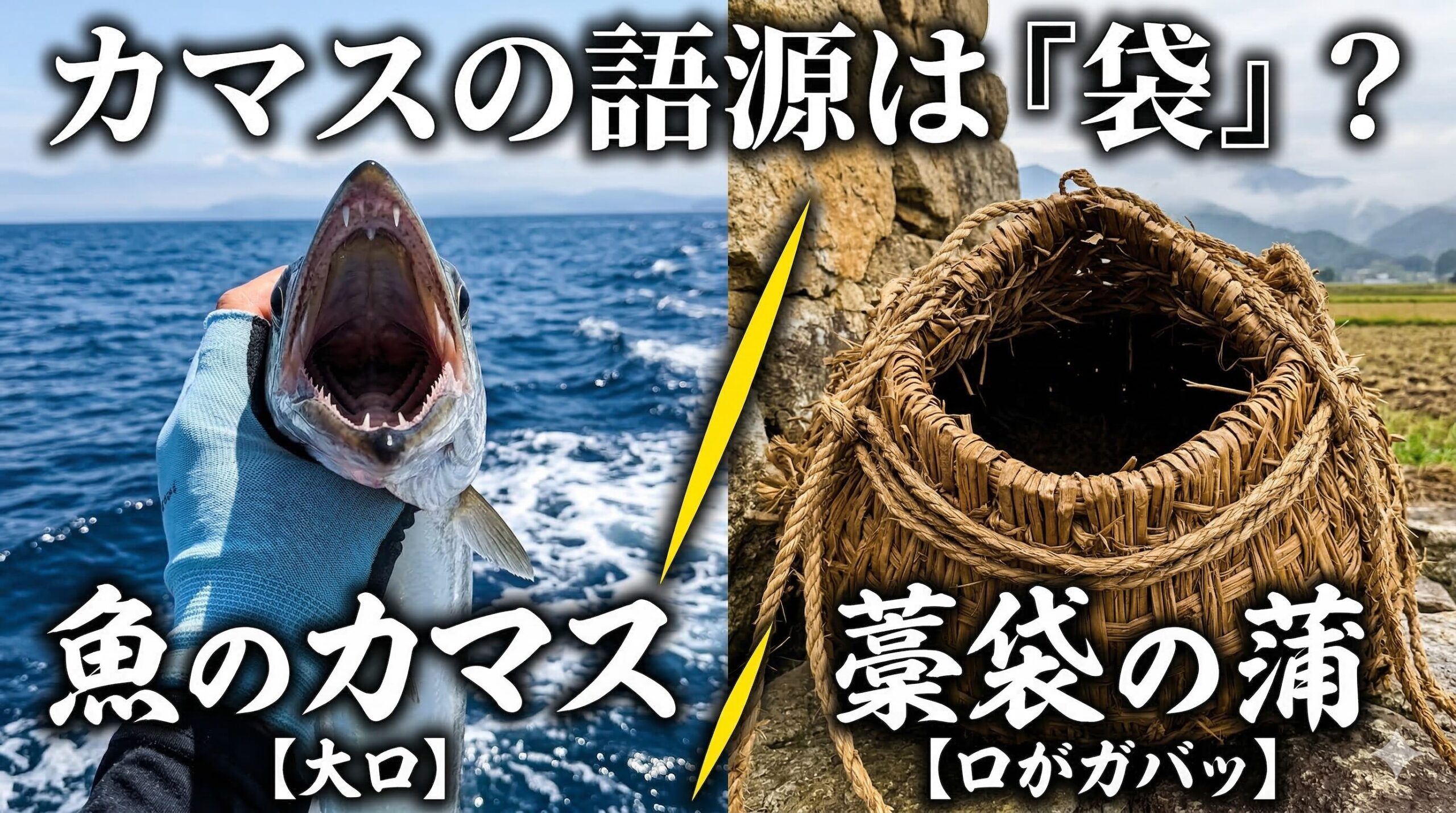 カマスの語源は「袋」から？ 穀物を入れる藁袋「蒲（かます）」のように、口が大きく開くことから名付けられたという説が有力。釣太郎