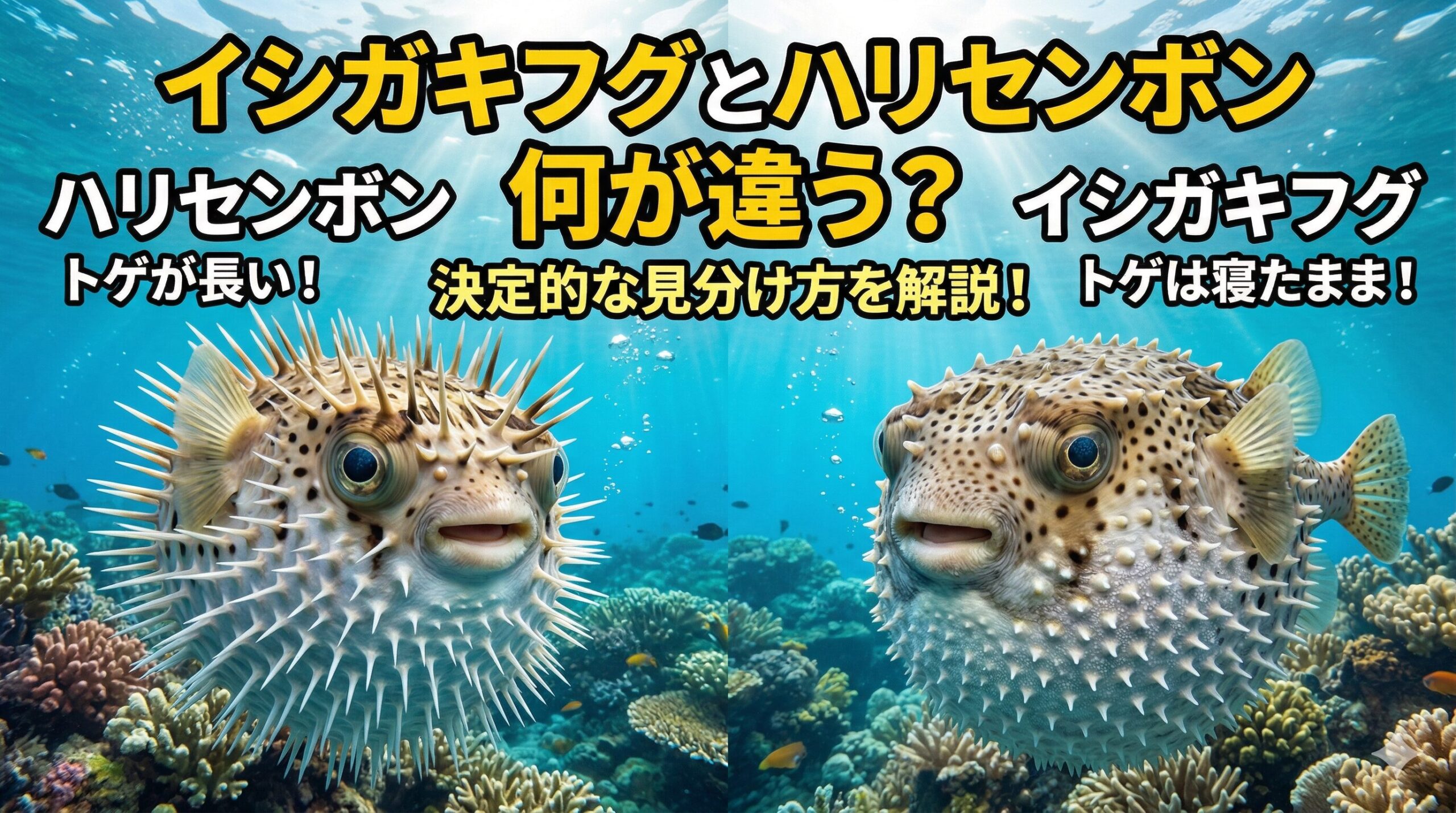 ハリセンボンは外敵から身を守るために体を膨らませると、トゲがツンツンと鋭く立つ。イシガキフグのトゲは短く、体を大きく膨らませてもトゲが立ち上がることはありません。釣太郎