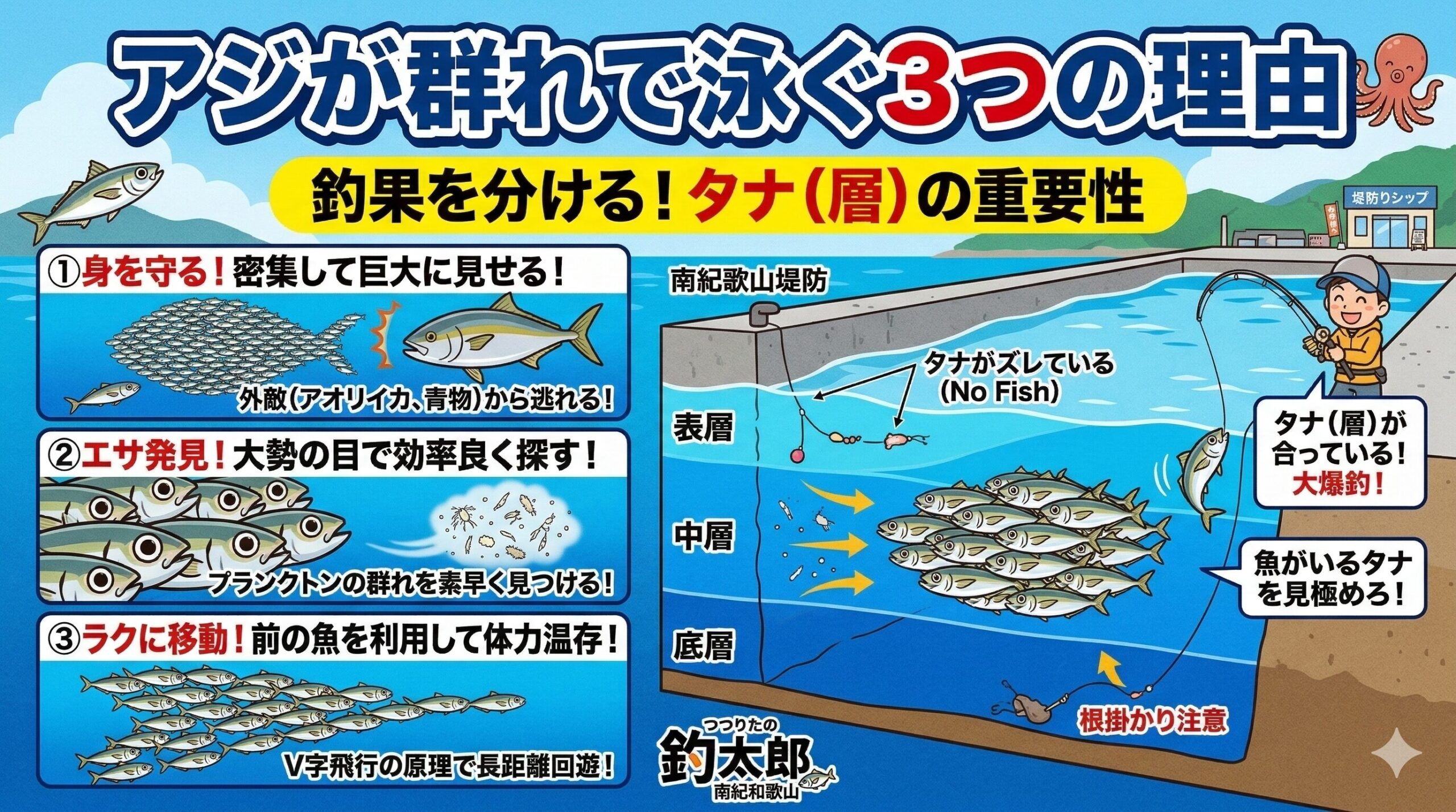 アジが群れで泳ぐ理由は、身を守るため。エサを見つけやすくするため。楽に移動するため.釣太郎